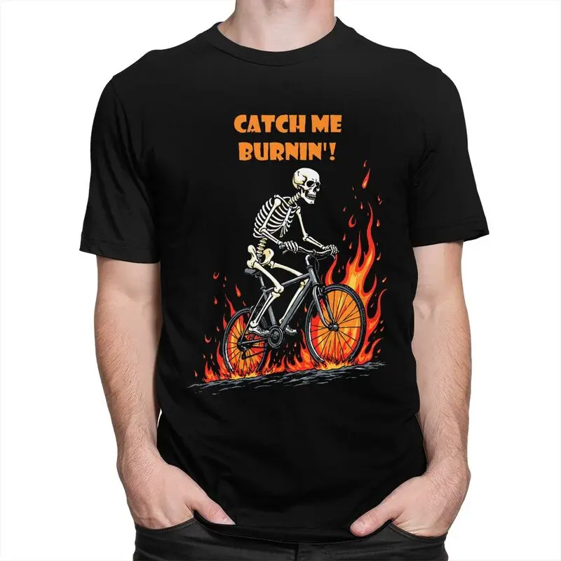 Custom Catch Me Burnin Bicycle Cyclist Skeleton T Shirts Men Pure Cotton Tee Tops Tshirts Short-Sleeve Fashion T-shirt Clothing