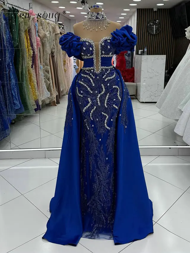 

Elegant Royal Blue Ruffles Off Shoulder Evening Dresses with Satin Overskirt Sparkly Formal Wedding Party Gowns Customized