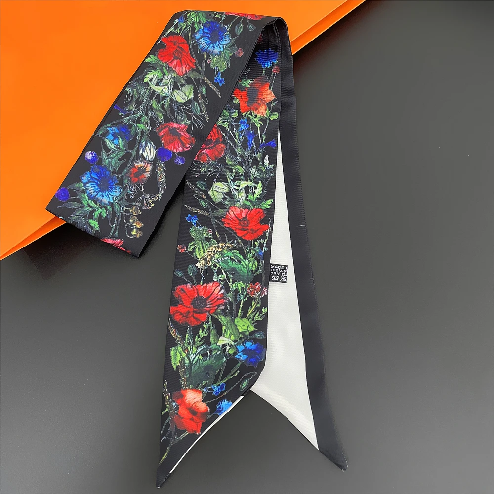 2022 Summer Fashion New Tarot Plant Flowers Pattern Ladies Ornament 100% Twill Silk Scarf Streamer Long Strip Silk Scarf Ribbon