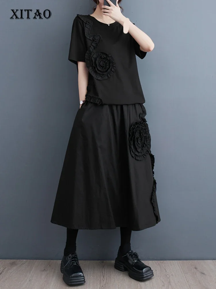 XITAO Black Dress Sets Women Korea Personality Fashion Loose O-neck Short Sleeve Dress Sets 2024 Summer New Arrival WLD11365