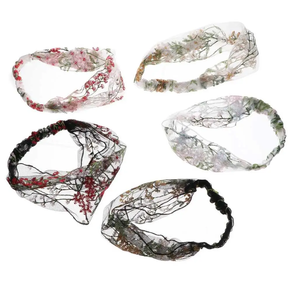 

Wide-Brimmed Retro Lace Korean Floral Embroidery Turban Headband Hair Accessories Hair Band Headdress