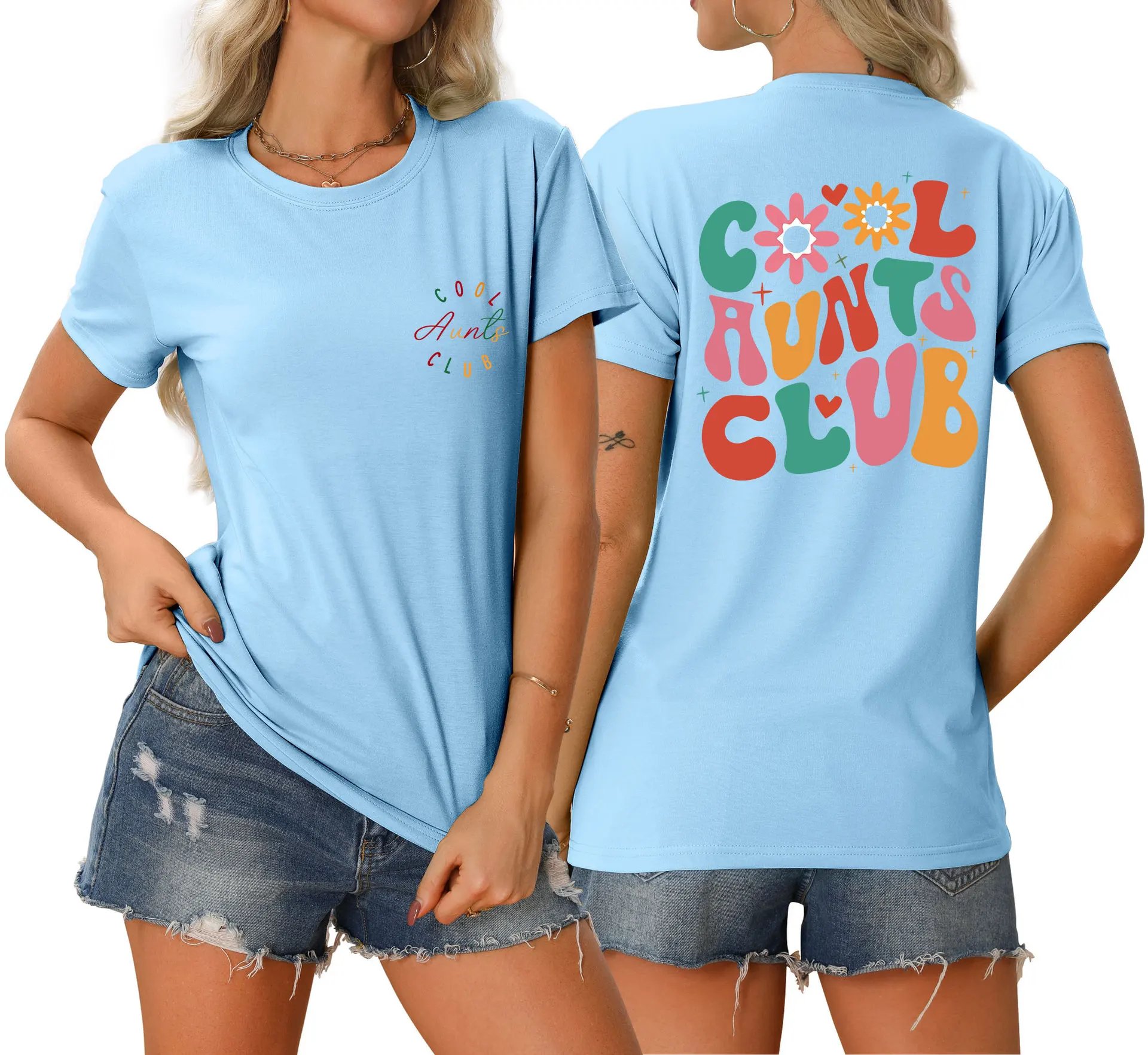 여성용 라운드넥 멋진 아줌마 클럽 앞뒤 프린트 티셔츠, 루즈한 캐주얼 반팔 탑, 세련된 풀로, 여름 신상