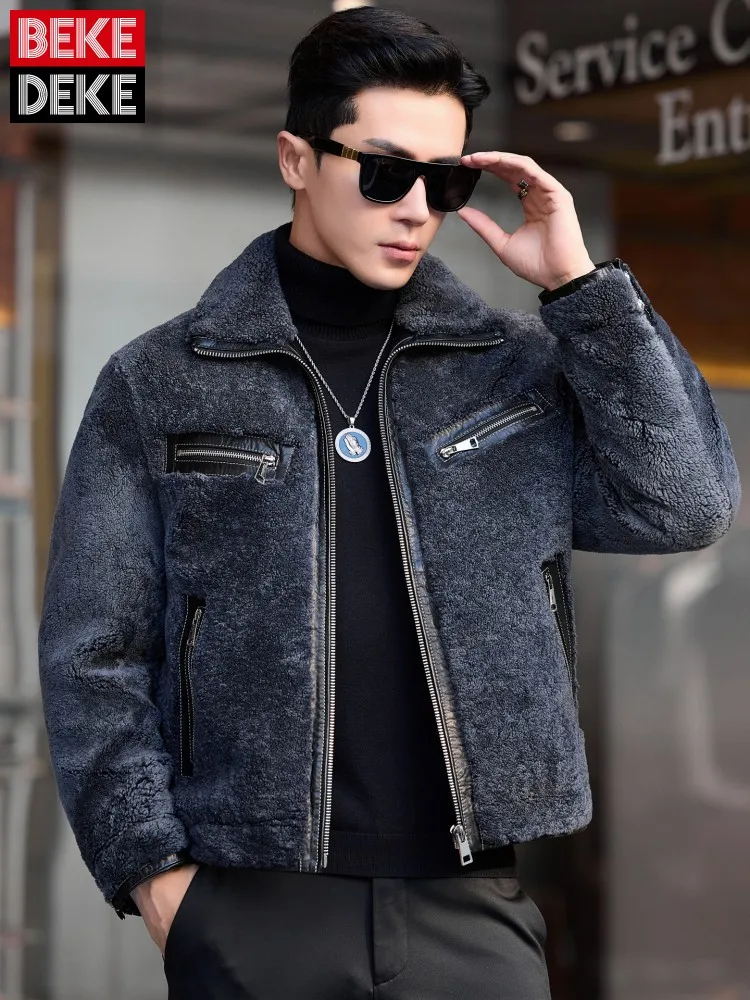 

Зимнее мужское высококачественное модное пальто из натурального меха с отложным воротником, деловая повседневная дубленка, короткие куртки из натуральной кожи из овечьей шерсти