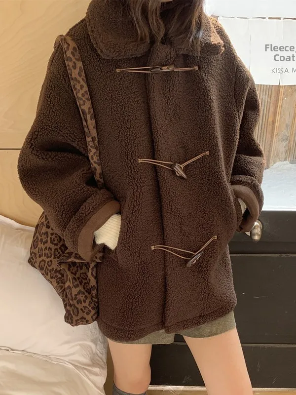 

Retro Sle Winter Coat Women's Long eepskin Collar Jaet Thiened Outerwear Vintage Feel Lamb Fur Coat Fem Cusers