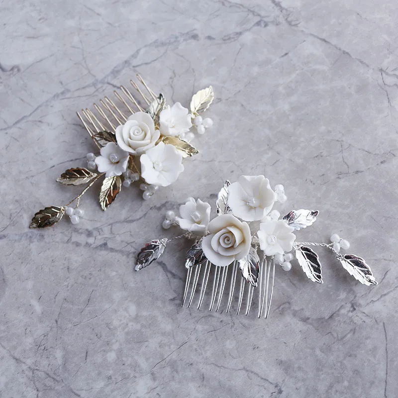 

Простой керамический цветок, большой цветок, инкрустированные бусинами из проса, женский свадебный головной убор ручной работы, расческа для волос, вставка для волос, свадебные аксессуары