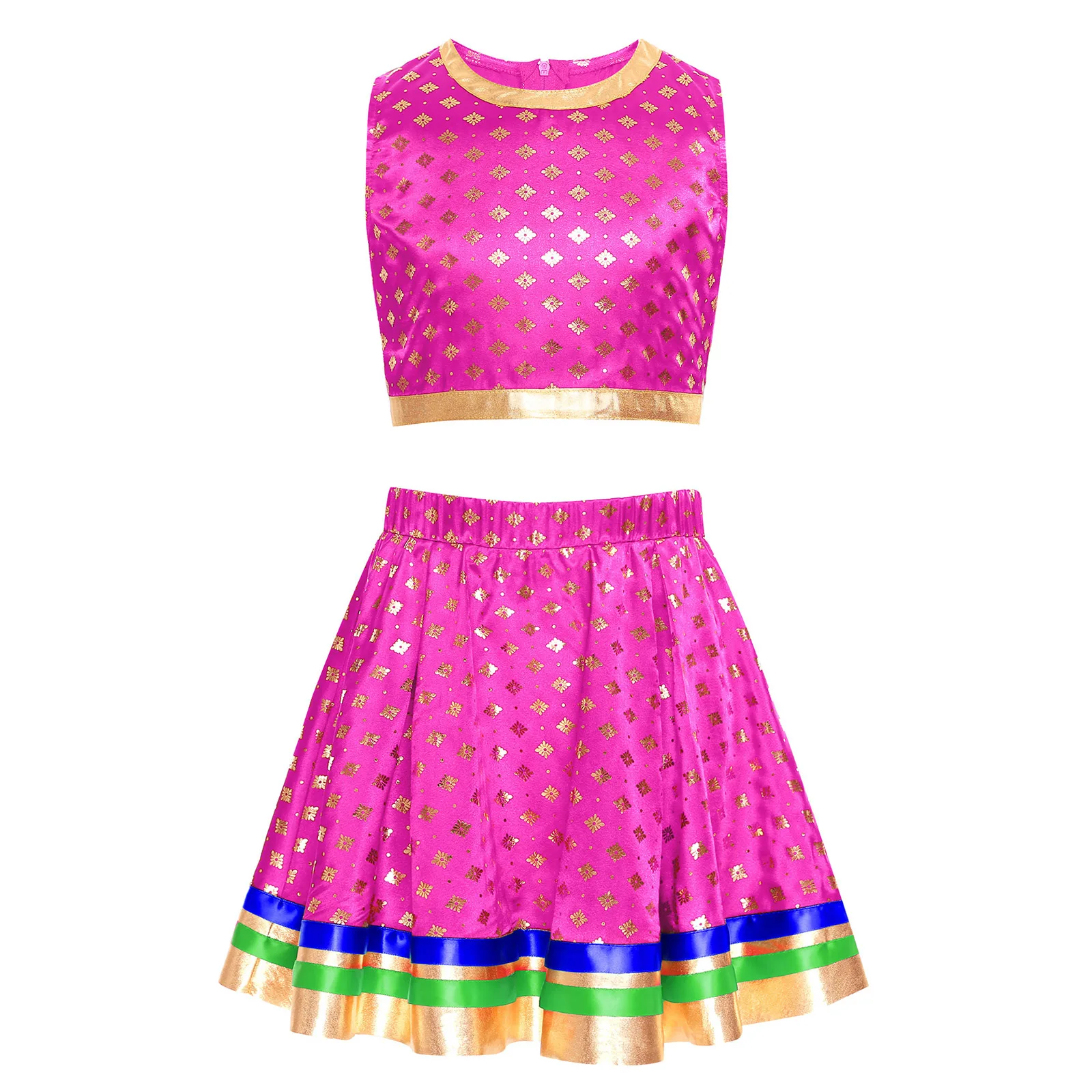 女の子ベリーダンス衣装インドダンスダンスウェアセットパフォーマンス衣装子供ショークロップトップとスカートチュールスカーフセット