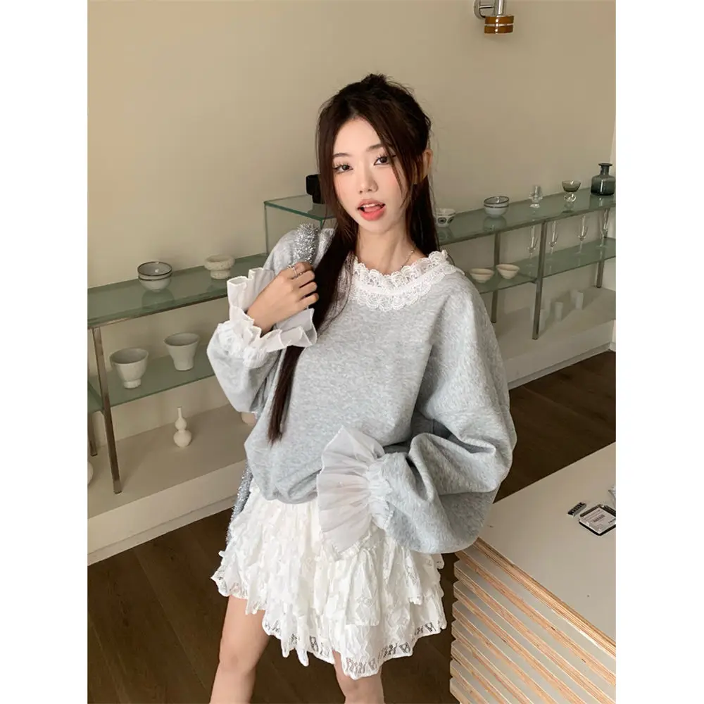 

Korean Fashion Autumn New Women Two Piece Skirt Sets Lace Splicing O Neck Flare Sleeve Sweatshirt + A Line Mini Skirt Outfits
