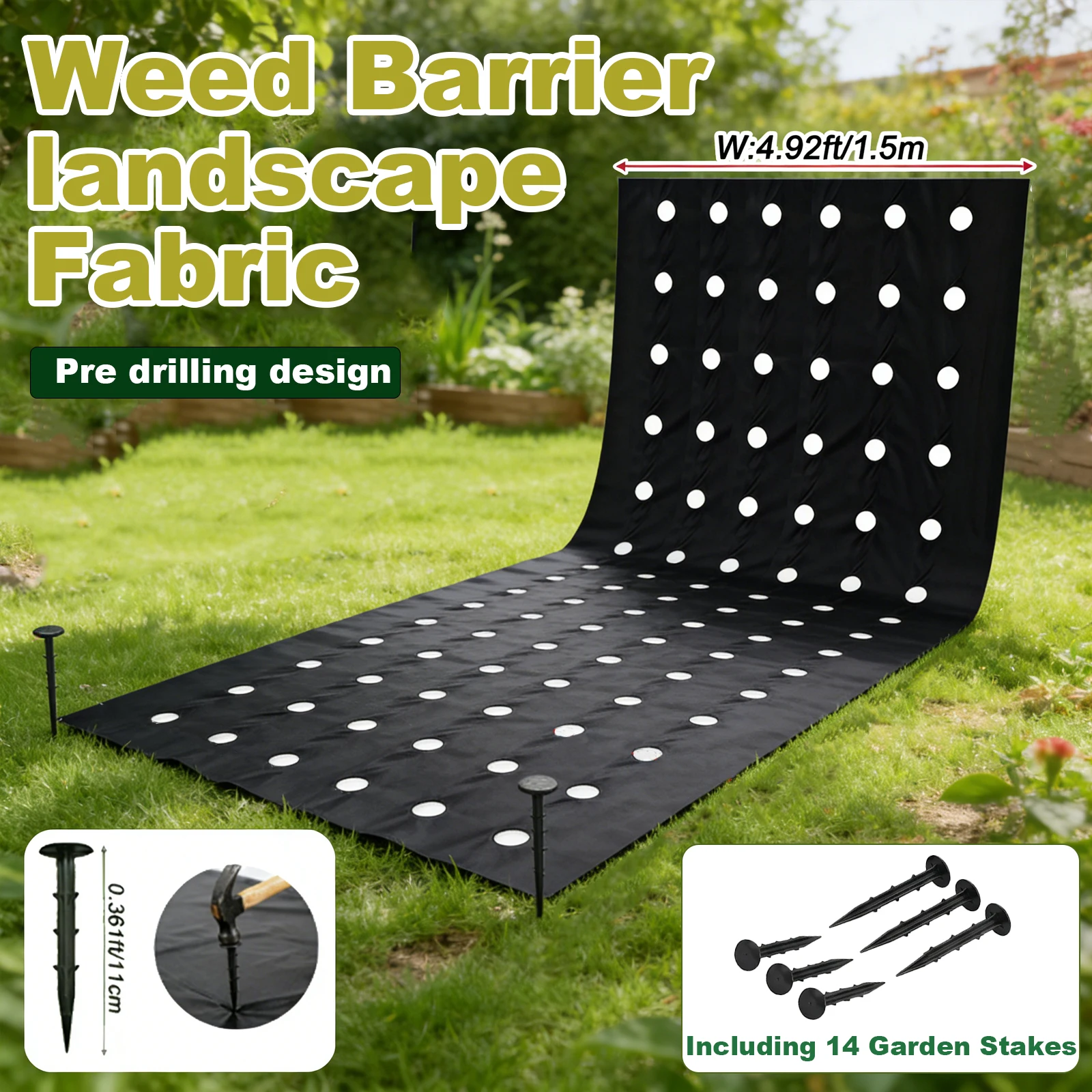 Thickened Weed Barrier Garden Ground Cover 13.7m, Breathable Water-Permeable Weed Suppression 14 Stakes for Various Vegetables