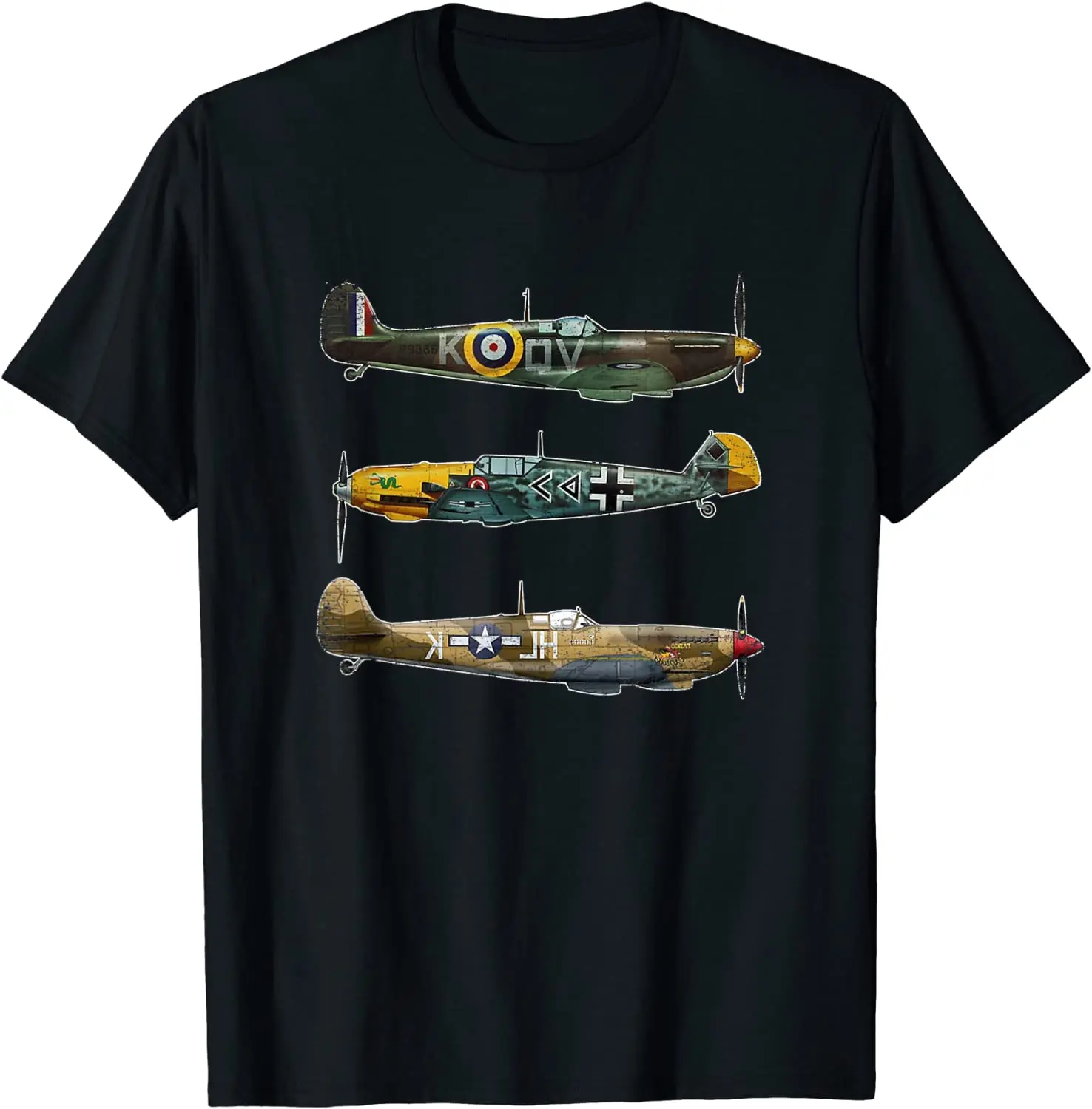 

WW2 Planes Warbirds P51 Mustang Spitfire Messerschmitt Men T-Shirt Short Casual O-Neck Shirts for Man