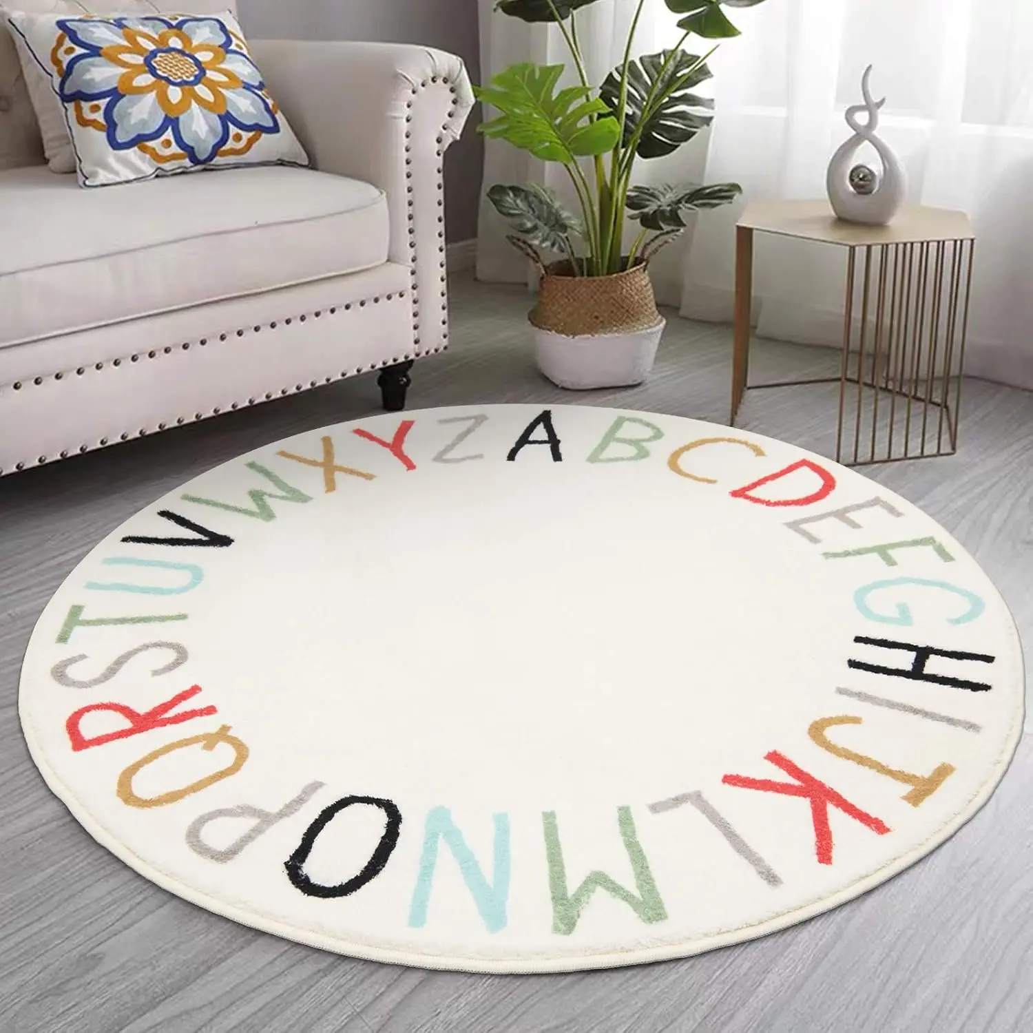 Educational Alphabet Rug Playmat Nursery Carpet for Kids ABC Learning Mat Circular Toddler Gift Decor Polyester Classroom Play R