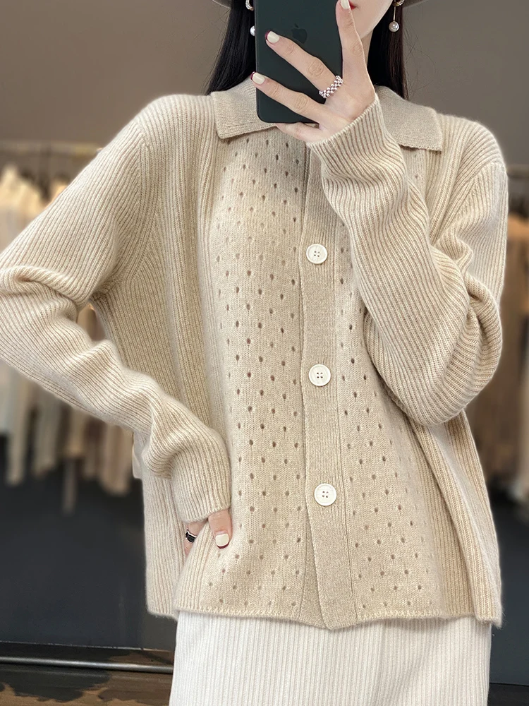 Women 100% Merino Wool Lapel Cardigan Hollow Knit Button Front Long Sleeve Casual Autumn Winter Knit Outerwear