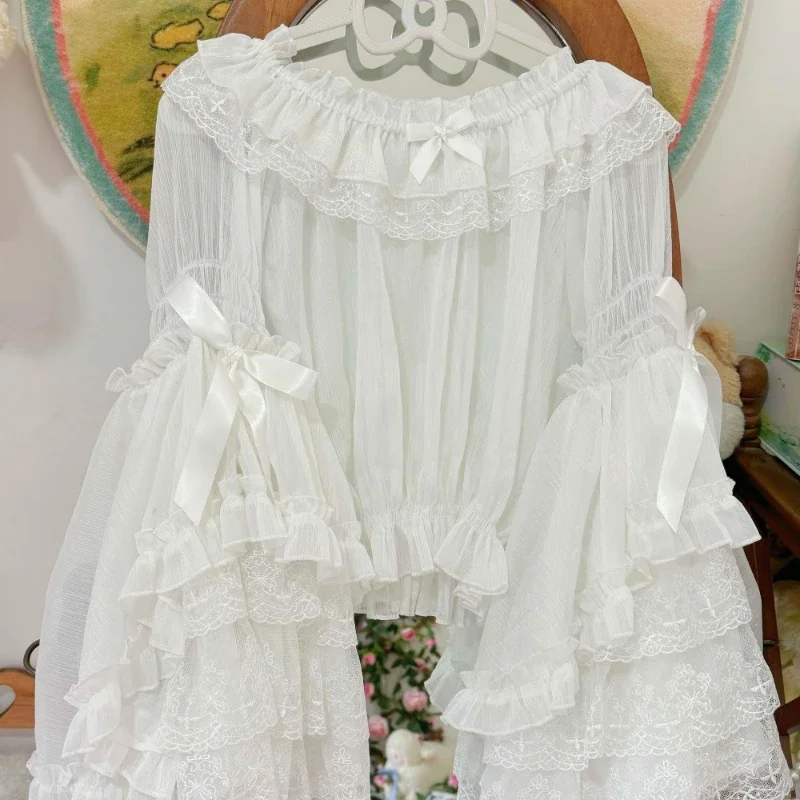 

Patchwork Blouse Women Loose Grunge Japanese Lolita Shirt Flare Sleeve Sweet Bow Y2k Aesthetic Slash Neck Lace Ruffled Blusas