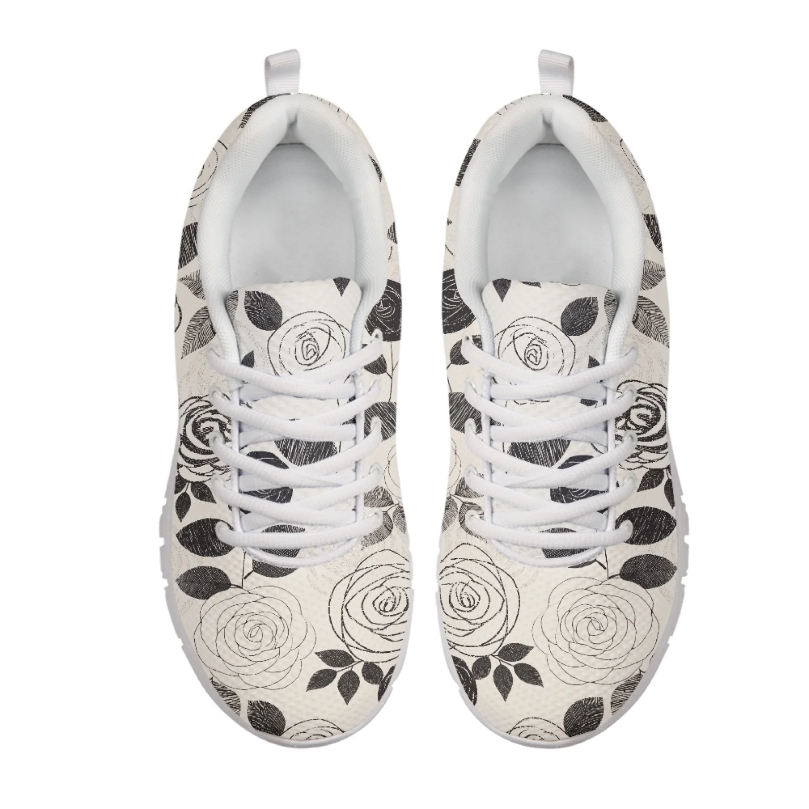 Coloranimal Black And White Rose Running Shoes Athletic Trainers for Women Breathable Running Tennis Shoes