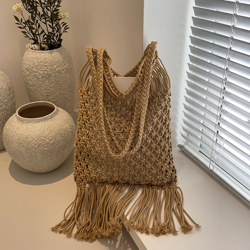 Fashion Large Capacity Cotton Rope Hand Woven Shoulder Bag Women's Tassel Crochet Hollow Out Design Underarm Bag Bolsos Feminine