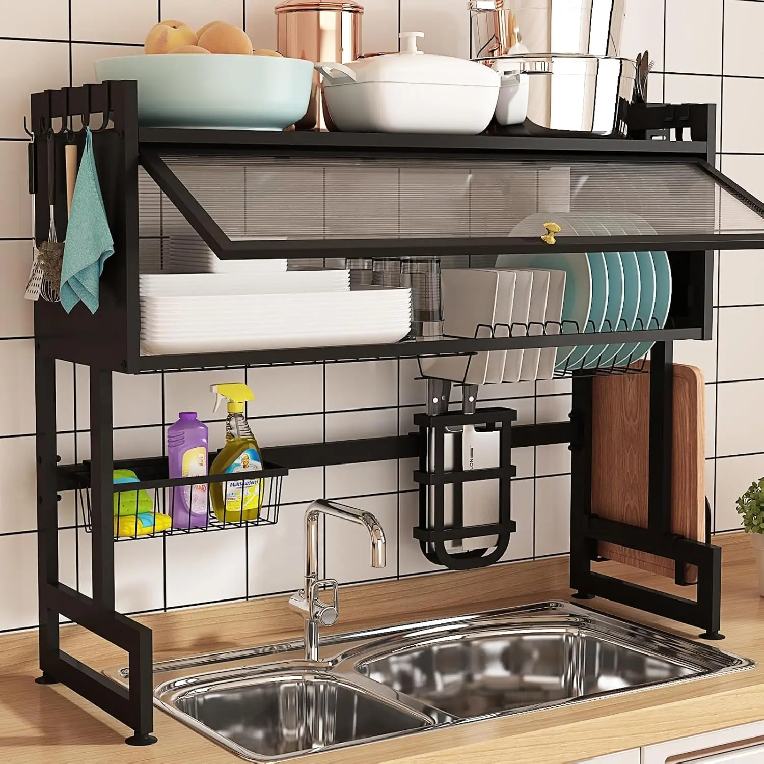 Dish Drying Rack, Large Stainless Steel Over The Sink 2 Tier Dish Rack with Cover for Kitchen (Black, Large 37.40 Length)