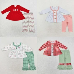 Wholesale Kids Christmas Set Toddler Long Sleeves Embroidery Tunic Two Pieces Children Outfit Baby Girl Pants Clothing