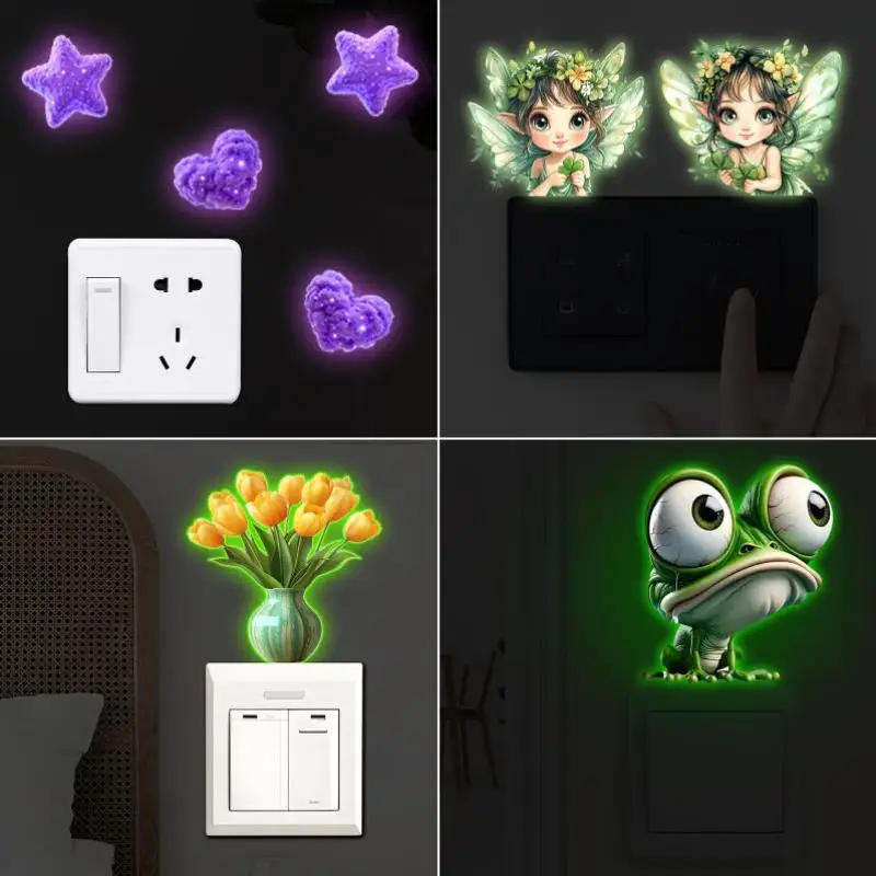 Glow-in-the-Dark Switch Stickers Purple Star Green Fairy Design Self-Adhesive Removable PVC Wall Sticker Home Decor Luminous Art