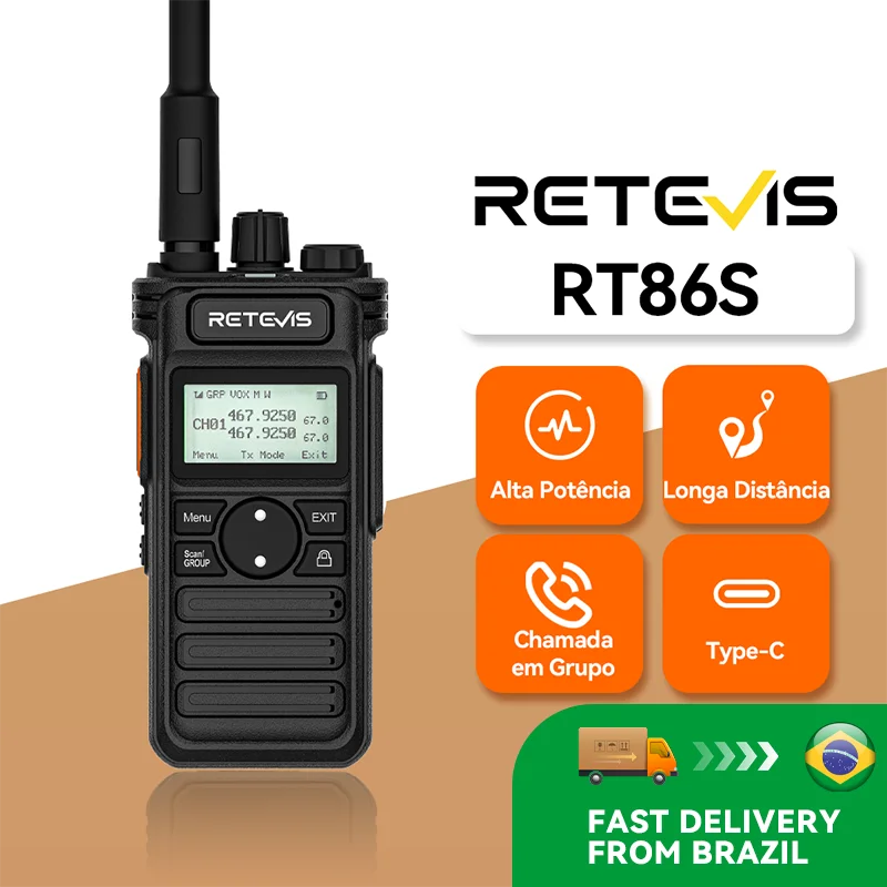 Retevis RT86S Walkie Talkie sobrevivência de Longo Alcance e Alta Potência com  Carregamento Type-C Bateria de 2600mAh e Tela LCD  Versão Atualizada do RT86 para Acampamento Trilhas e Atividades ao Ar Livre do Brasil