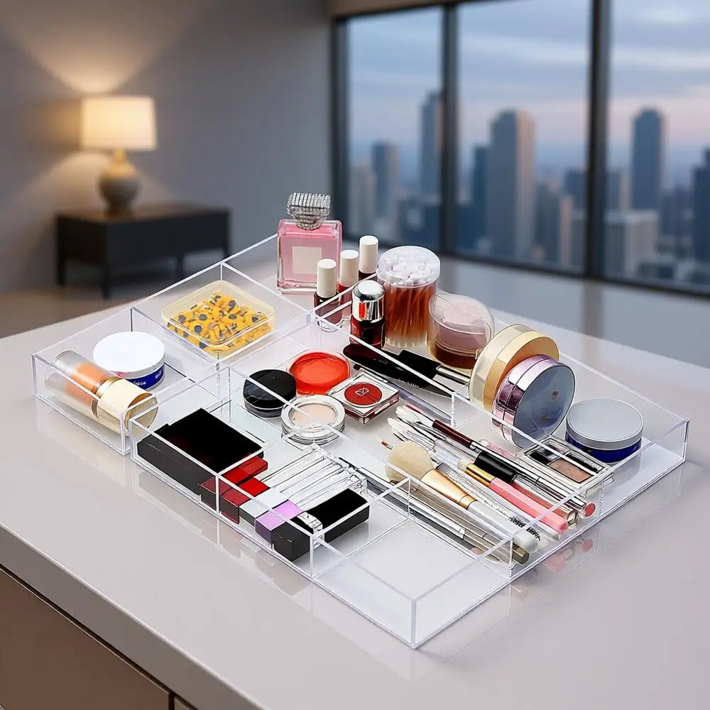 

6-секционный прозрачный настольный органайзер и 3-секционный акриловый поднос для макияжа для хранения и организации