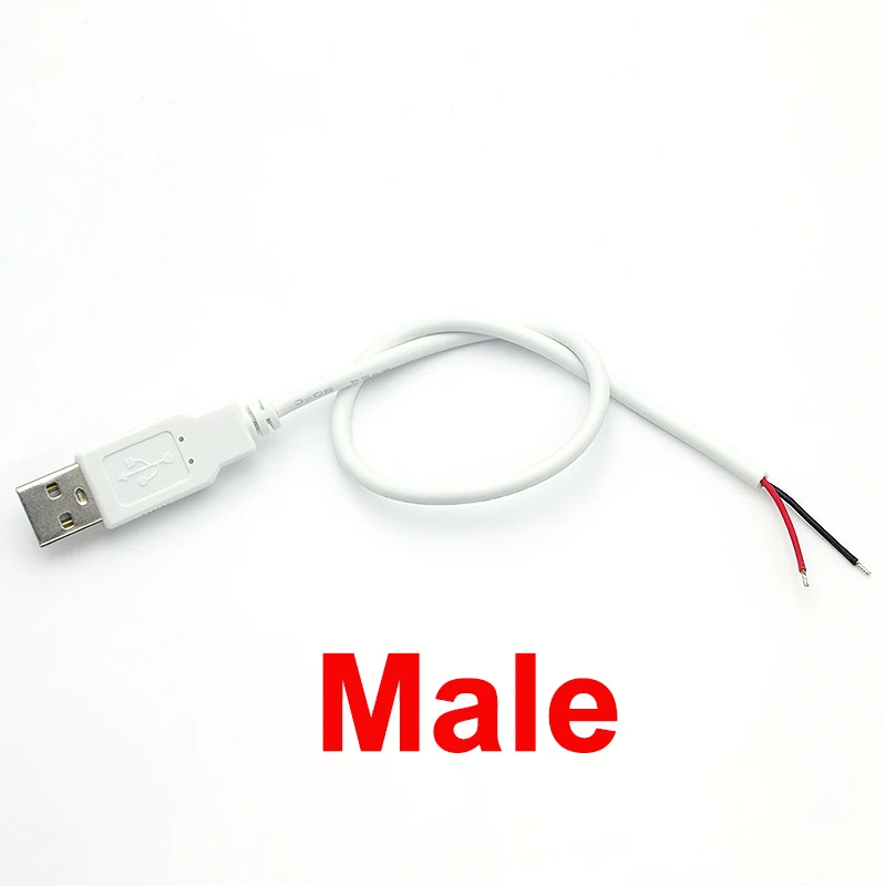 0.3m/1m/2m USB Power Supply Cable 2 Pin USB 2.0 A Female male Charger charging Cord Extension Connector DIY White wire