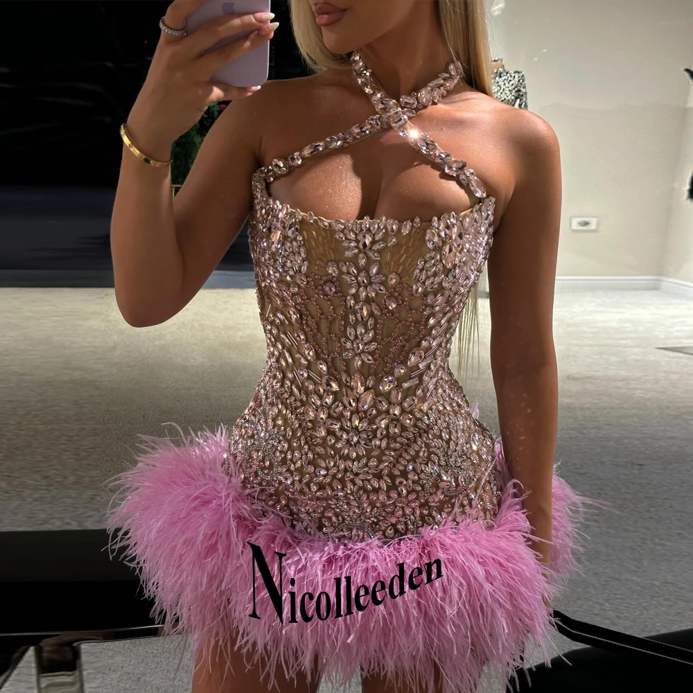 Nicolle Glittering Halter Evening Dresses for Women Rhinestones Formal Evening Celebrity Dresses Vestidos De Gala Customized