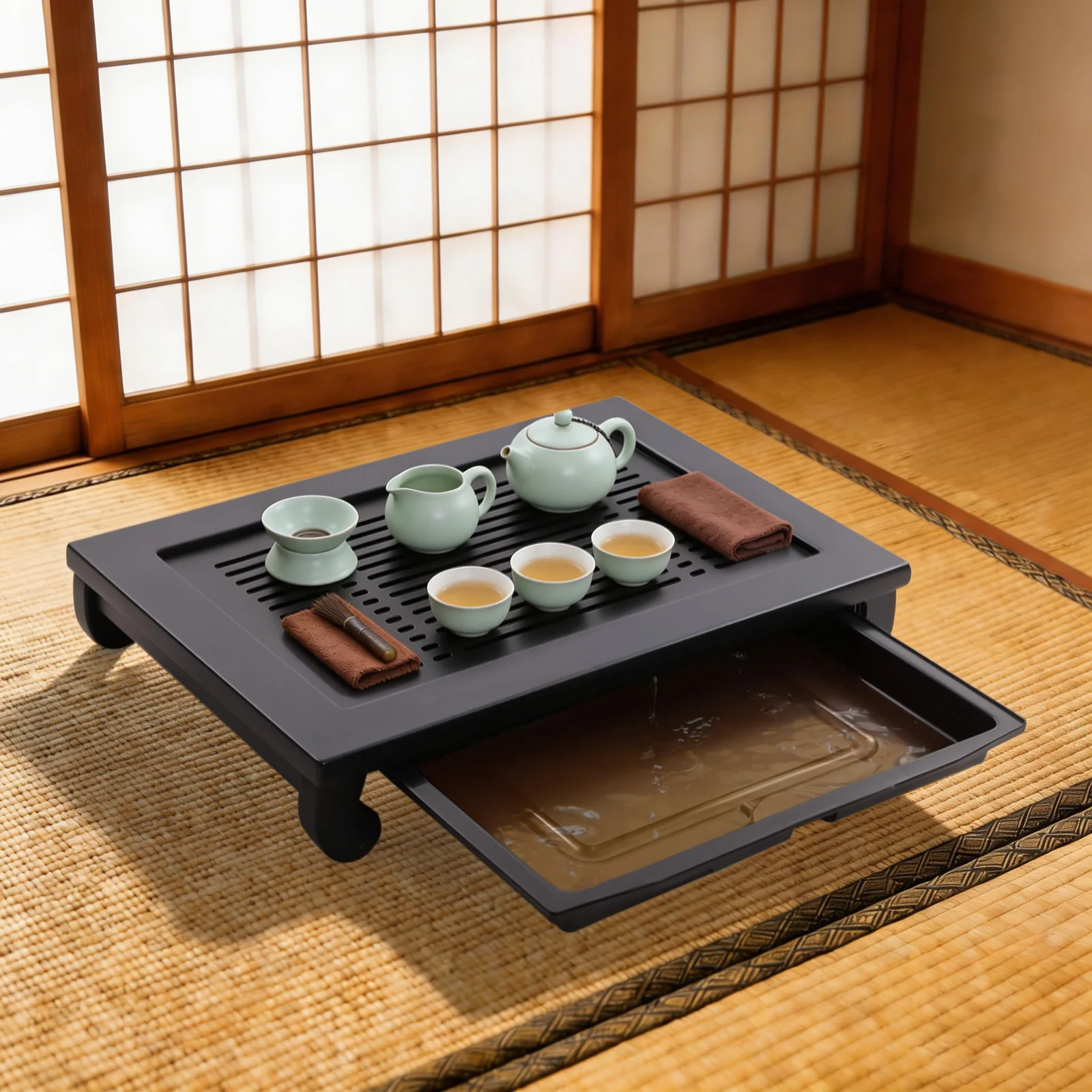 

Чайный поднос из черного бамбука с выдвижным ящиком, портативный шкафчик для хранения чая, водонепроницаемая конструкция с дренажной решеткой, большая вместимость