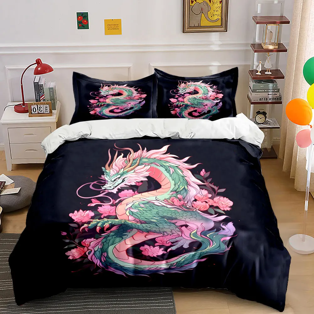

Fantasy dragon surrounded by blossoms Bedding Set for Kids Luxury Gift 3pcs Digital Print Comforter Set Soft Comfortable