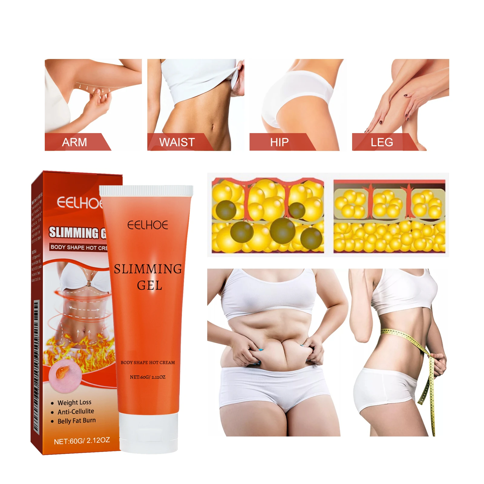 Body Slimming Gel Anti-Cellulite Fat Burning Cream for Belly Waist Thighs Arms & Legs – Skin Tightening Body Sculpting Patch