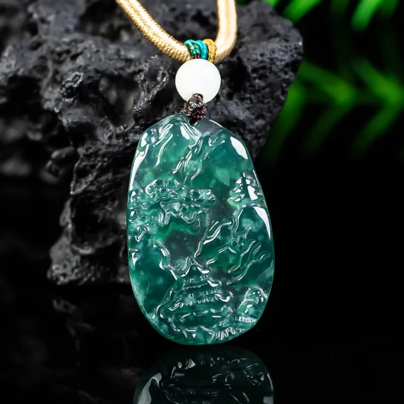 

Natural Blue Water Emerald Real Scenic Signs Pendant Necklace Carved Charm Jadeite Jewelry Fashion Amulet Woman Gift Certificate