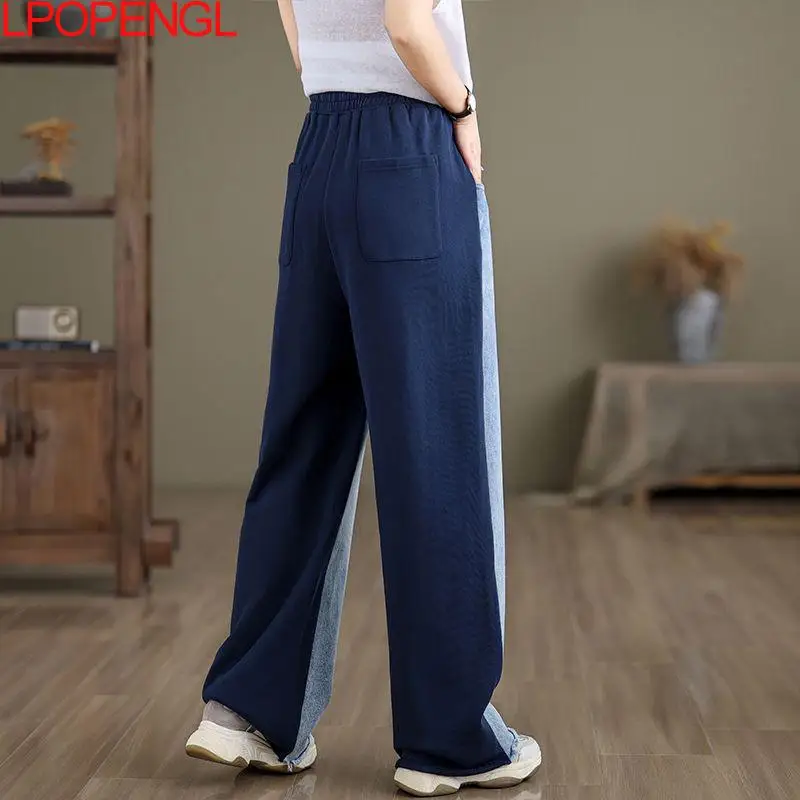 Jean à franges de couleur contrastée pour femme, pantalon taille haute, jambes larges, ample, longueur au sol, automne et hiver, 2025