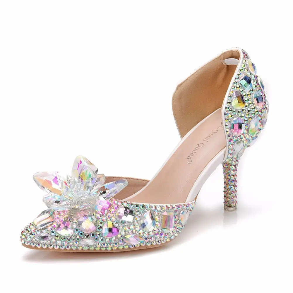 Fashion Pointed Toe Pumps Sandals Elegant Crystal PU 7.5CM Thin Heels Princess  Slingback Casual Woman Shoes Dress White image 5
