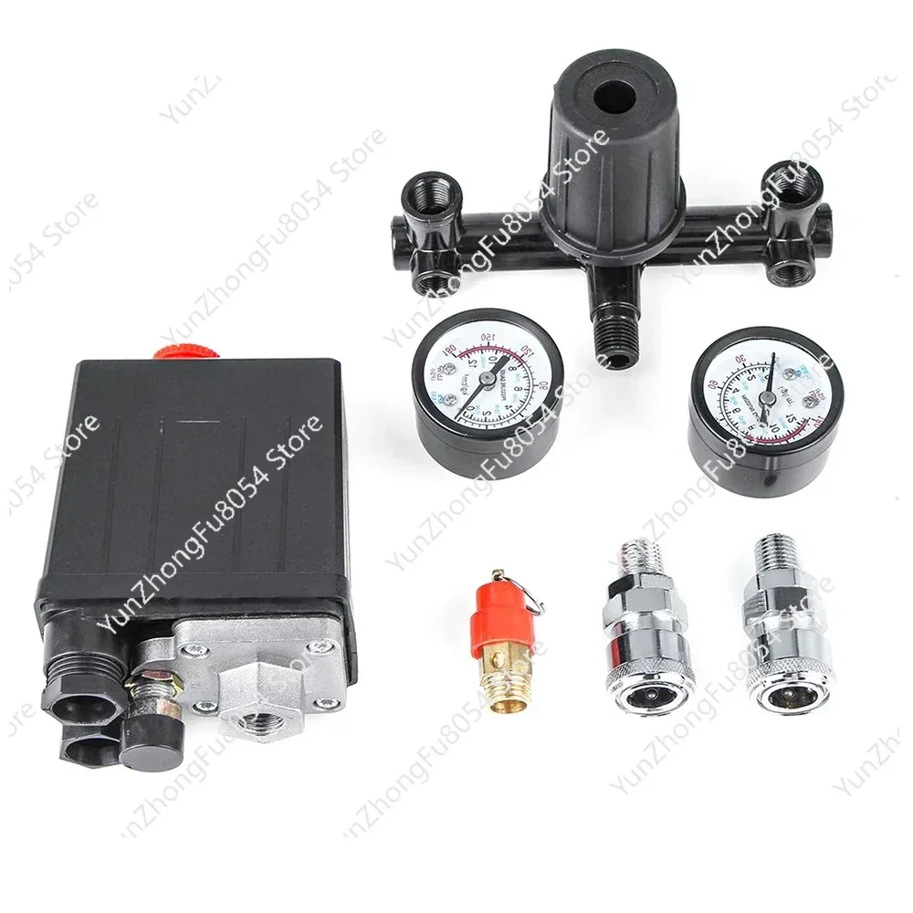 

4 Port Air Compressor 220v/380v All Black Bracket With Switch Manifold Pressure Regulator Aluminum Alloy Safety Pressure Valve