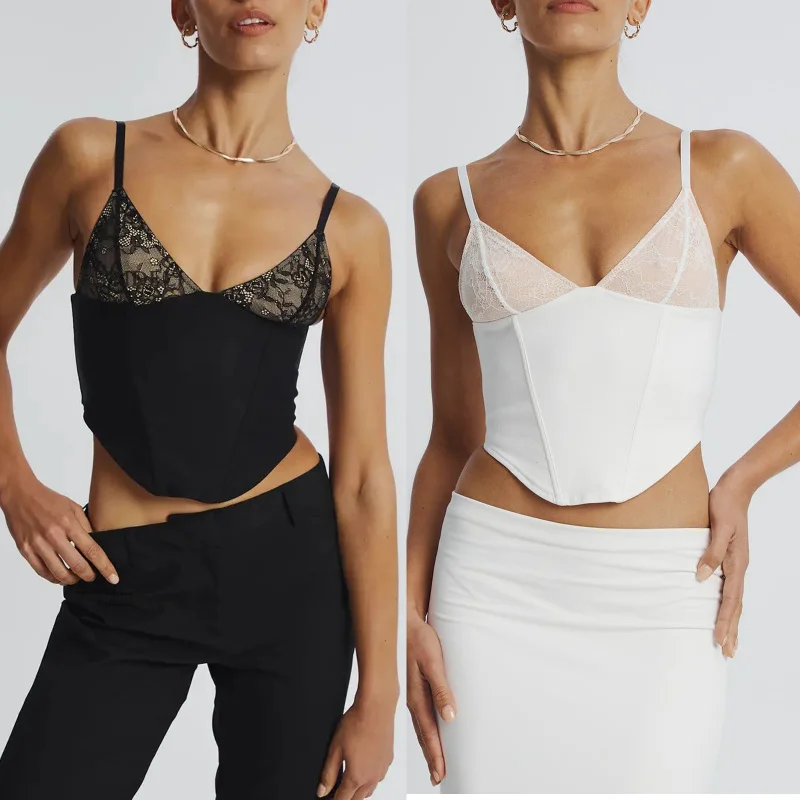 

Summer Hot Girl Fishbone Sling Top Lace See-through Lace-up Backless Irregular Short TopSU3382