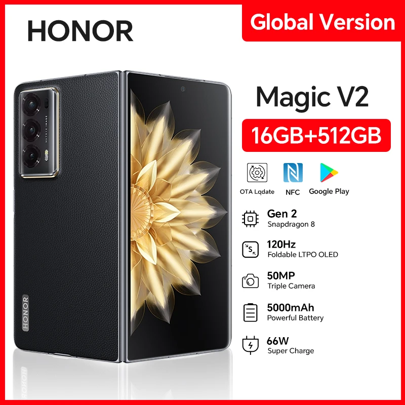HONOR Magic V2, 16GB+512GB, 7.92인치 접이식 OLED 화면, 5G, 듀얼 SIM, 50MP 트리플 카메라, 고속 충전, Android 휴대폰