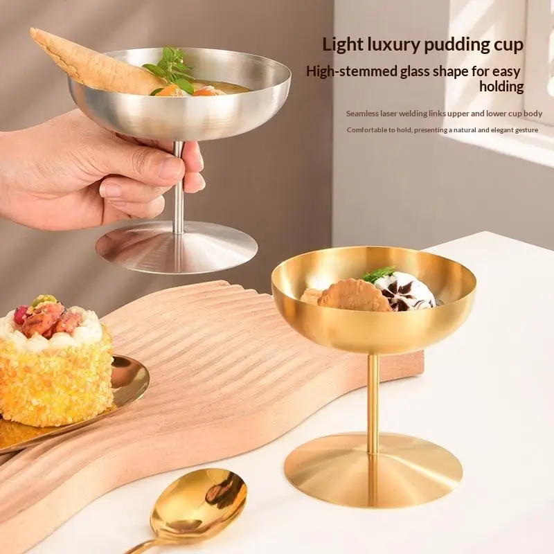 Stainless Steel Dessert Cup Leak Proof Optional Lid Thickened Drop Resistant for Home Outdoor Ice Cream Snack Serving Use