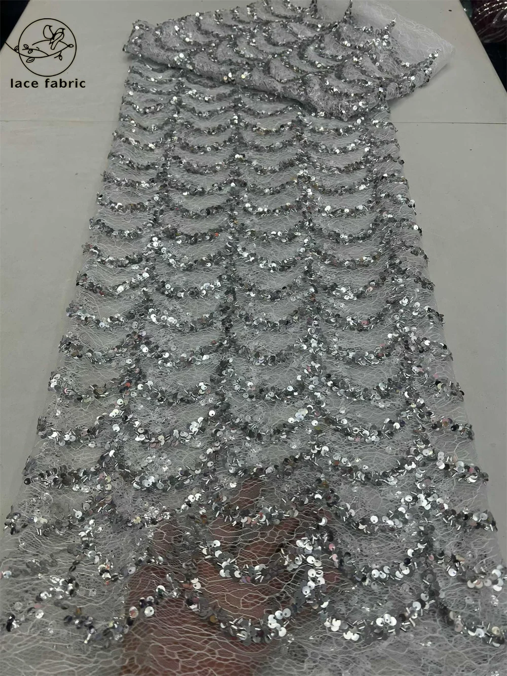 

African Lace Fabric 2026 High Quality Lace Fabric France Sequins Nigerian Embroidery Bridal Mesh Lace Fabric For Dresses Sewing