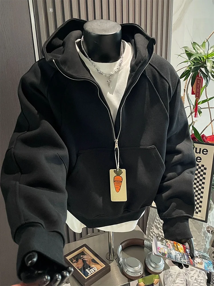 

Bla Fce Lined Hoodie Men's Autumn Winter Casual Wear f Zip up Sweatirt Versatile Outerwear for Youth Daily Use