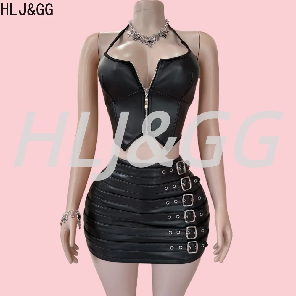 

HLJ&GG Black Sexy Luxury Leather Zip Irregular Halter Two Piece Sets Women Sleeveless Backless Slim Crop Top+Mini Skirts Outfits