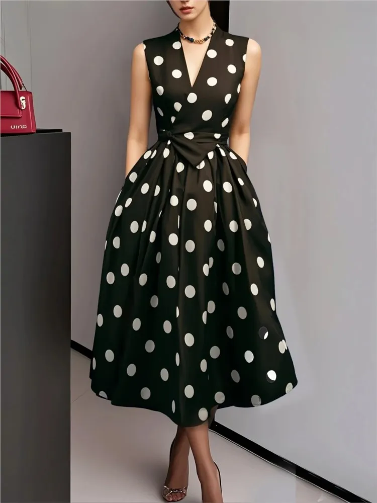 

Summer New Lace-up Dresses For Women Sleeveless Retro Polka Dot V-Neck Black White Pin Up Party Rope Big Swing Dress Vestidos