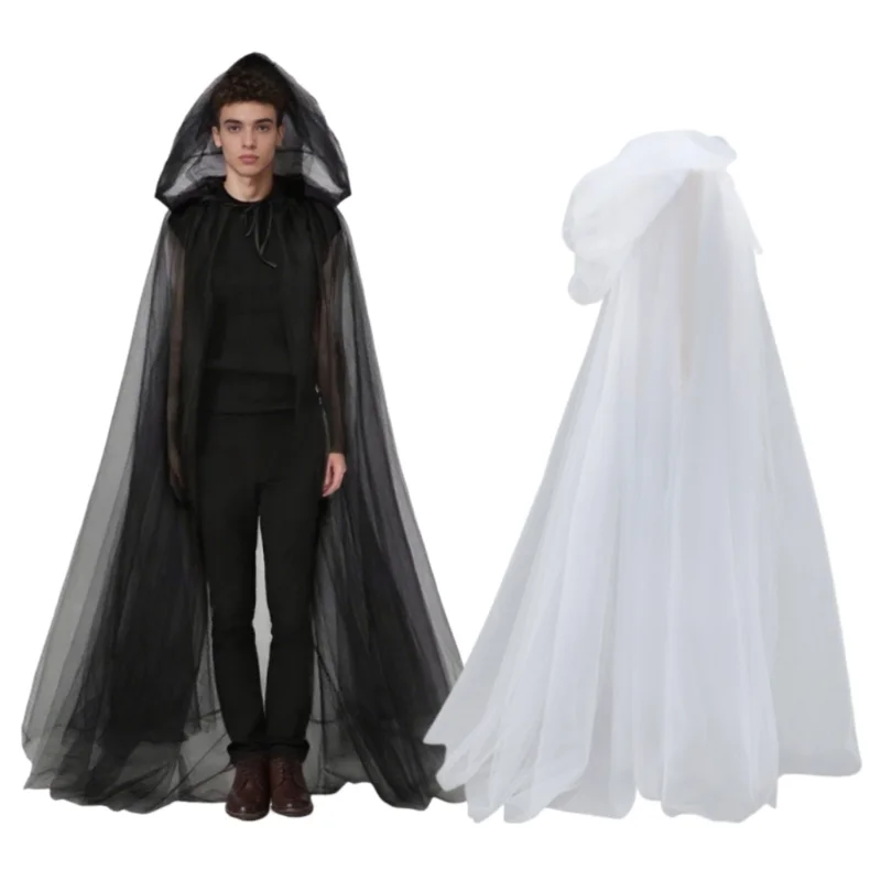 

Medieval Gothic Mesh Hooded Cloak Long Black White Tulle Witch Cape Unisex Halloween Vampire Death Cosplay 150cm Robe Costume