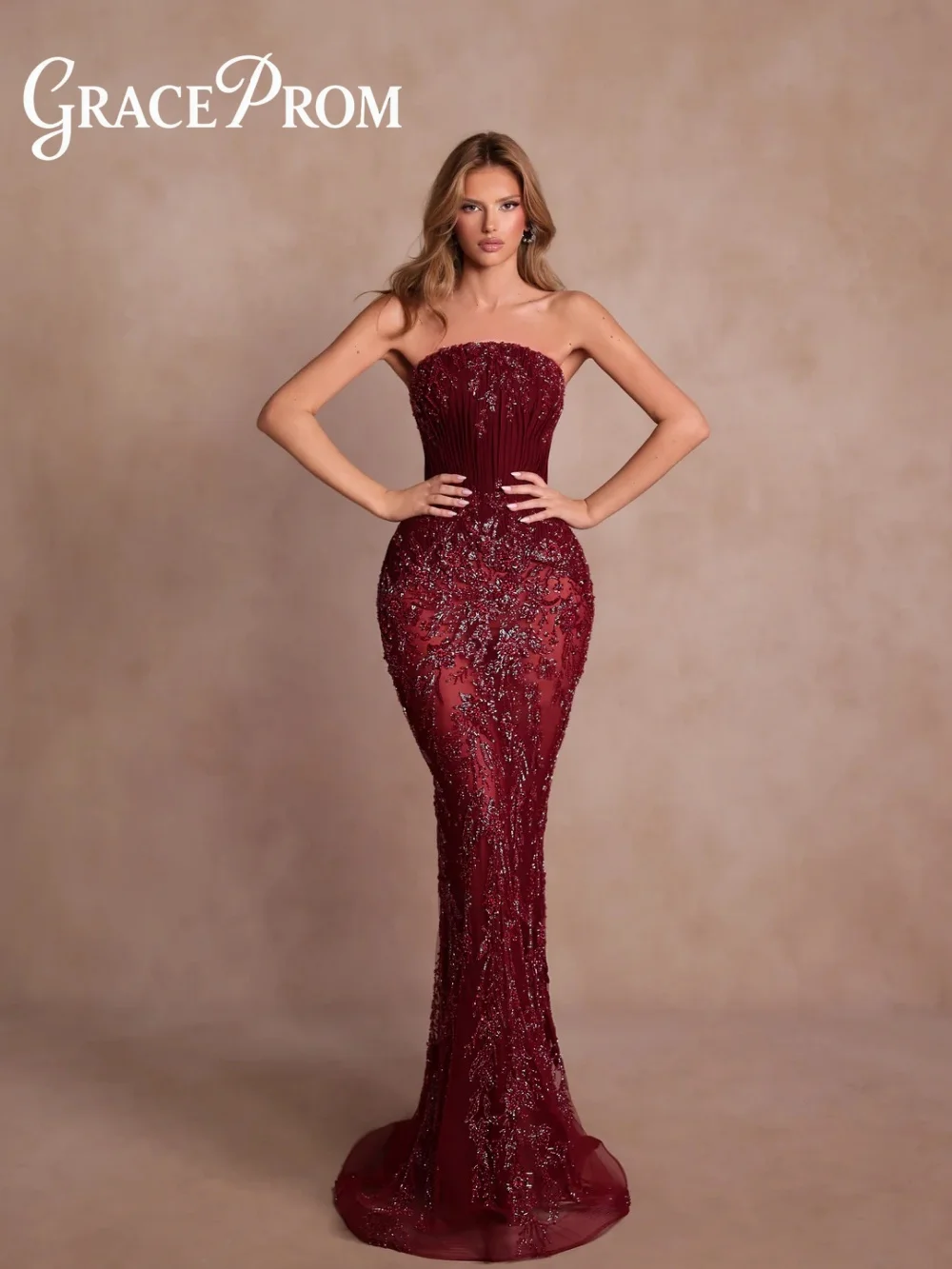 

2026 High Fashion Statement Gown Stunning A-line Burgundy Beaded Strapless Evening Party Dress with Sheer Tulle فساتين سهرة