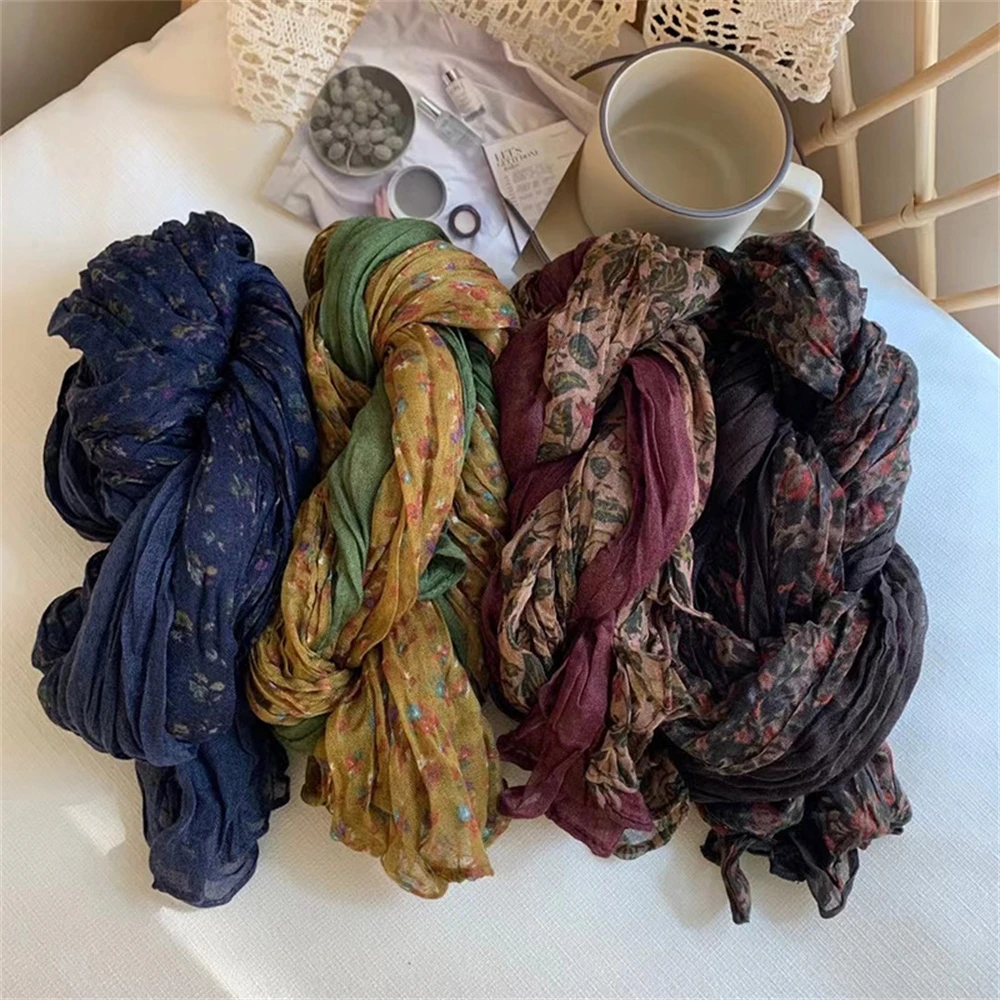 Vintage Cotton Linen Patchwork Scarf Women Pleated Scarf  Long Floral Square Scarf Shawl Fashion Winter Warm Casual Scarf Shawl