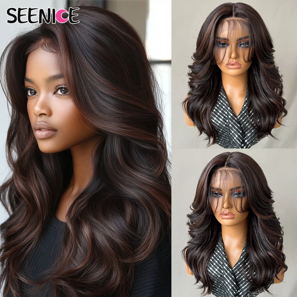 

Highlight Brown Mixed Natural Black Wavy Wig Long Layered Wig with Baby Hair Synthetic Lace Front Curly Shaggy Wigs for Women