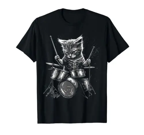 Kitten Rock Band Batteur T-shirt, chat jouant de la batterie