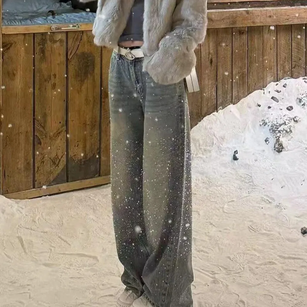 

Women's Sparkling Rhinestone Wide Leg Jeans, High Waist Baggy Denim Pants, Gradient Washed Casual Trousers with Glitter Detail