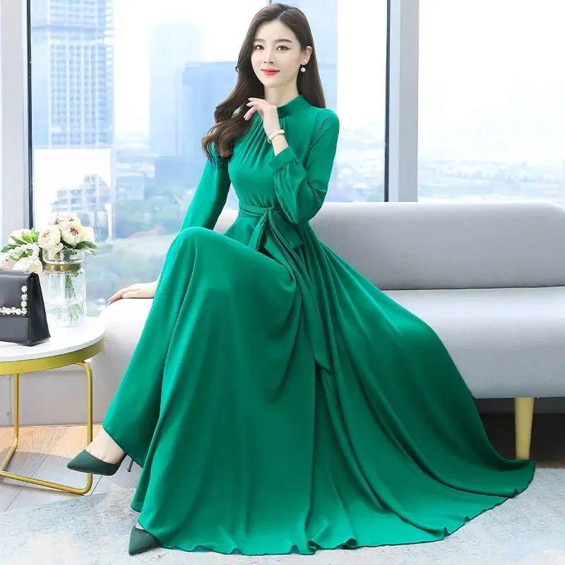 2025 Women\'s Dresses New Spring Summer Autumn Winter New Fashion Pure Color Lace Up Long Sleeve Elastic Waist Long Party Pleated