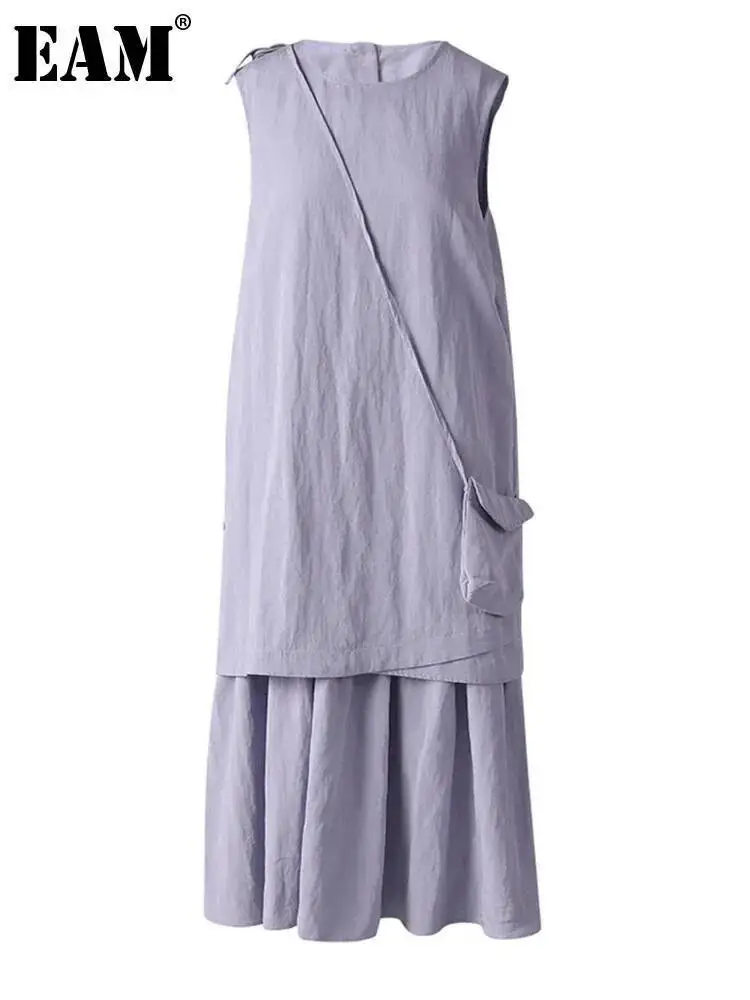 [EAM] vestido de chaleco de talla grande empalmado Irregular de color púrpura claro para mujer nuevo cuello redondo sin mangas moda tendencia Primavera Verano 2025 CPG3083