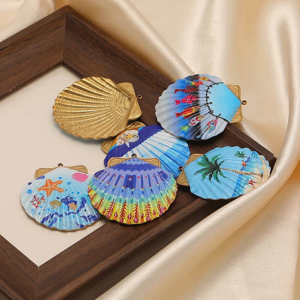 3Pcs Gold Stainless Steel Enamel Seashell Pendants Necklaces Charms for Earrings Clothing Making DIY Children Jewelry Supplies