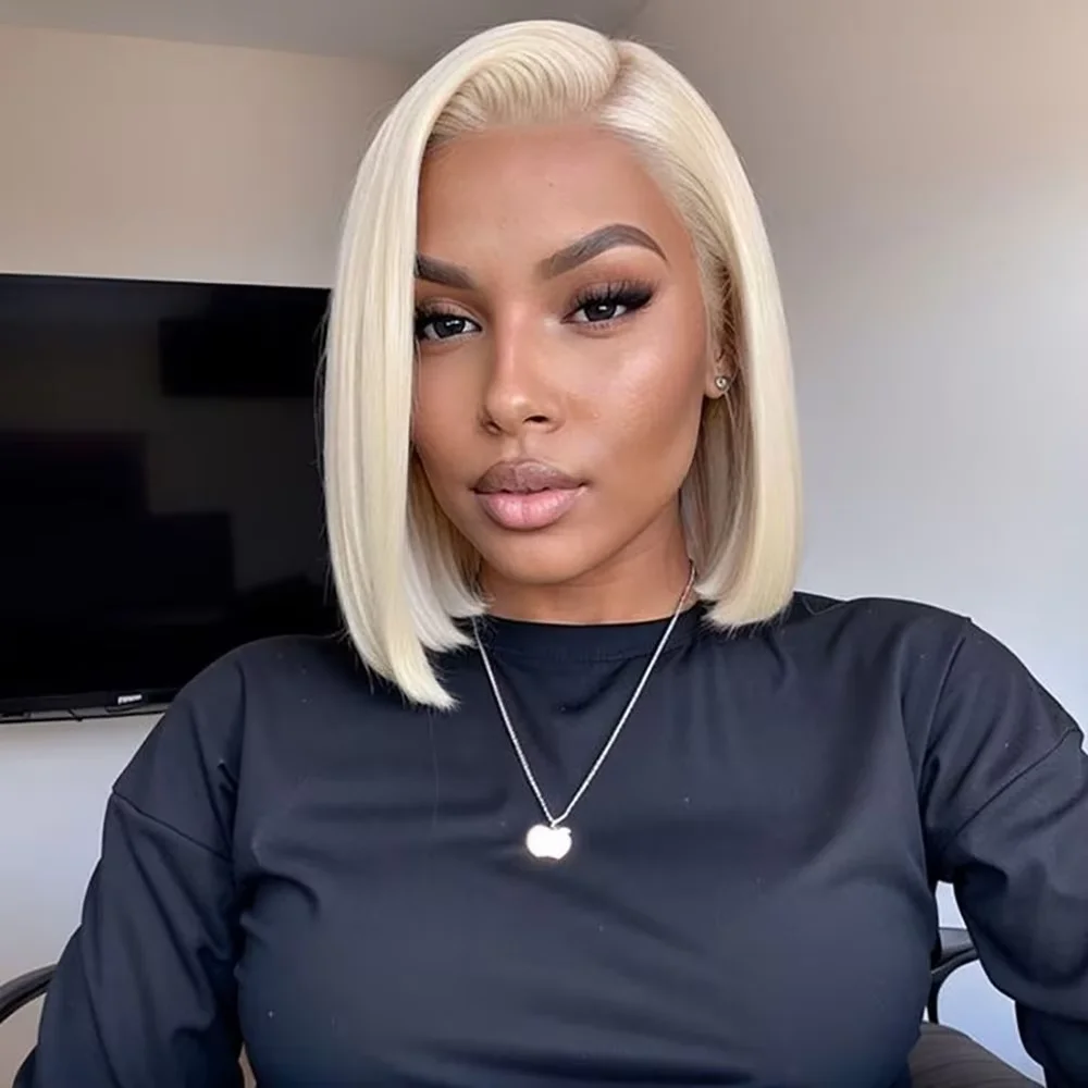 Perruque Bob Courte Blonde 613, Cheveux Humains Raides, Dentelle Transparente 13x4, Perruque Bob Courte Droite, Cheveux Humains Remy, Perruque avec Closure Pré-Pluckée