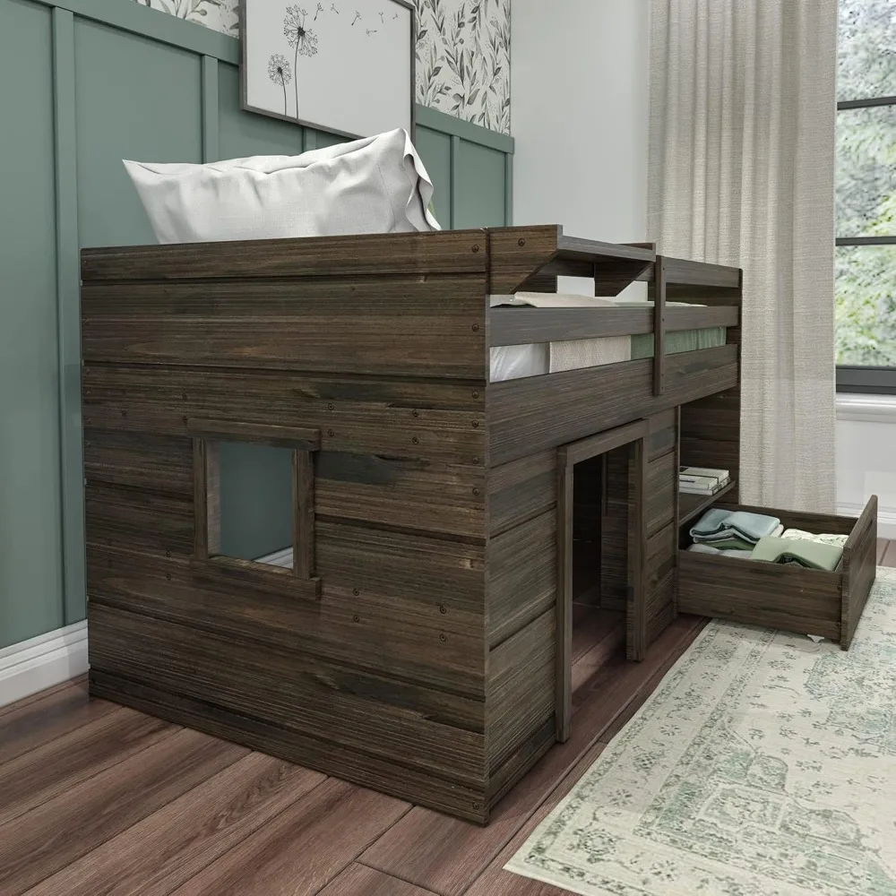 bed.Loft Bed Twin Size,Solid Wood Low Loft Bed with Storage Drawer and Ladder, Modern Farmhouse Loft Bed for Kids,Barnwood Brown